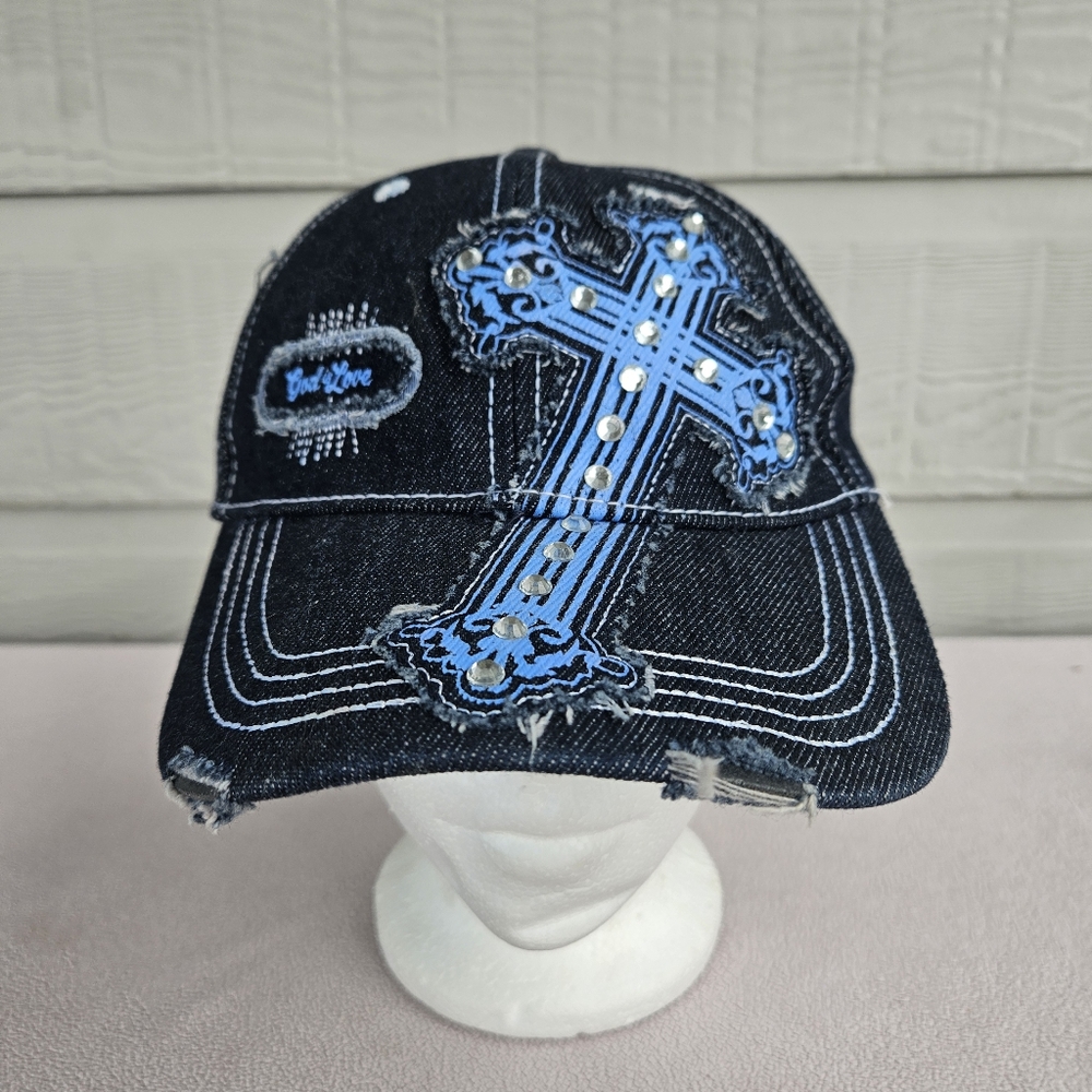 Kerusso Cross Cadet Cap Hat Denim Blue Women OS Studded Bedazzled Distressed